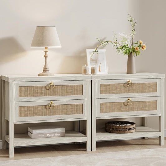 23-1/2" Oak Nightstands with Rattan Drawers, Set of 2