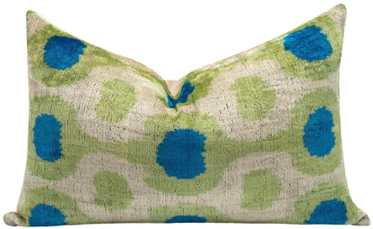 Canvello Vibrant 16"x24" Handmade Velvet Pillow Lively Green and Blue Ikat Design with Premium Down Feather Insert