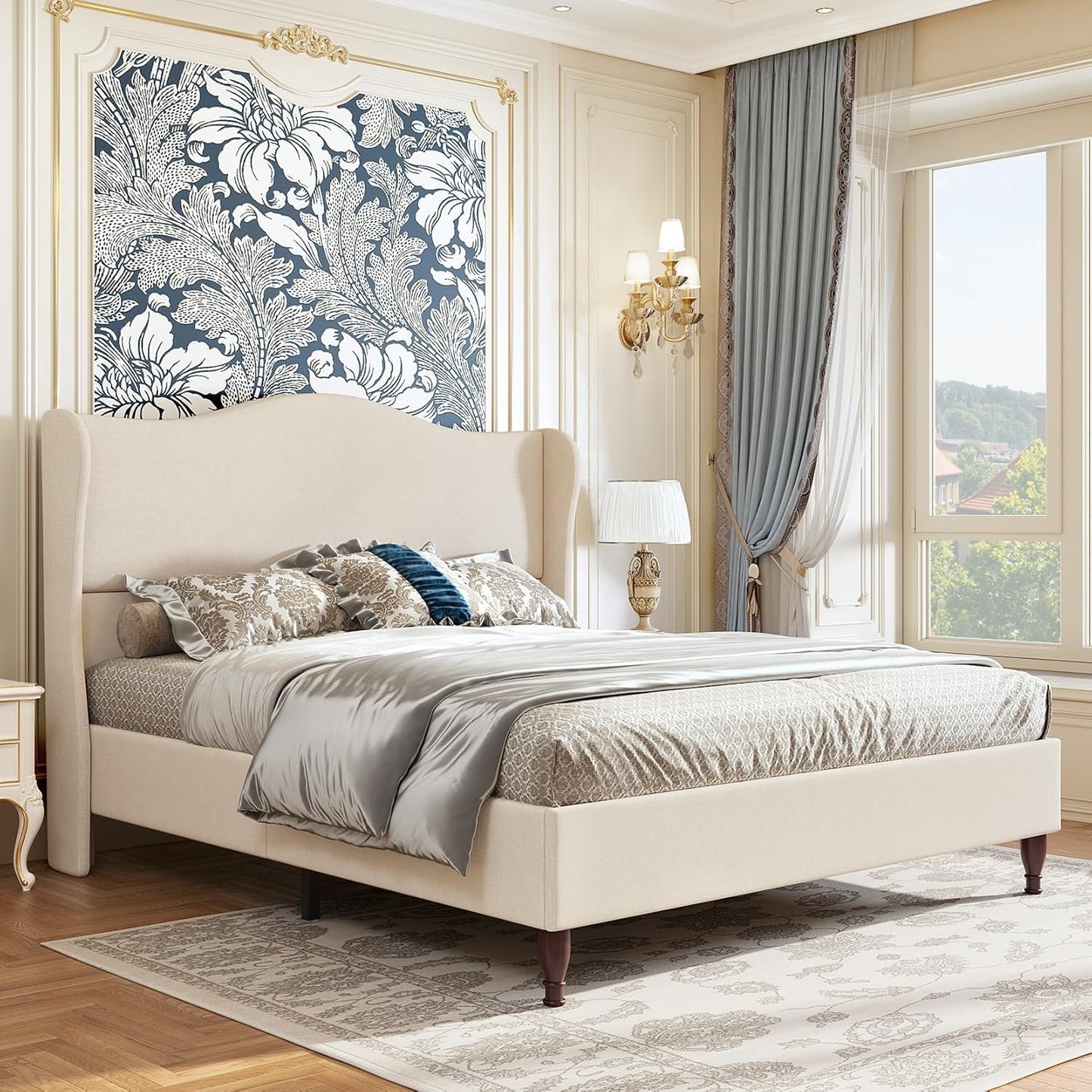 Upholstered Wingback Headboard Queen Size Bed