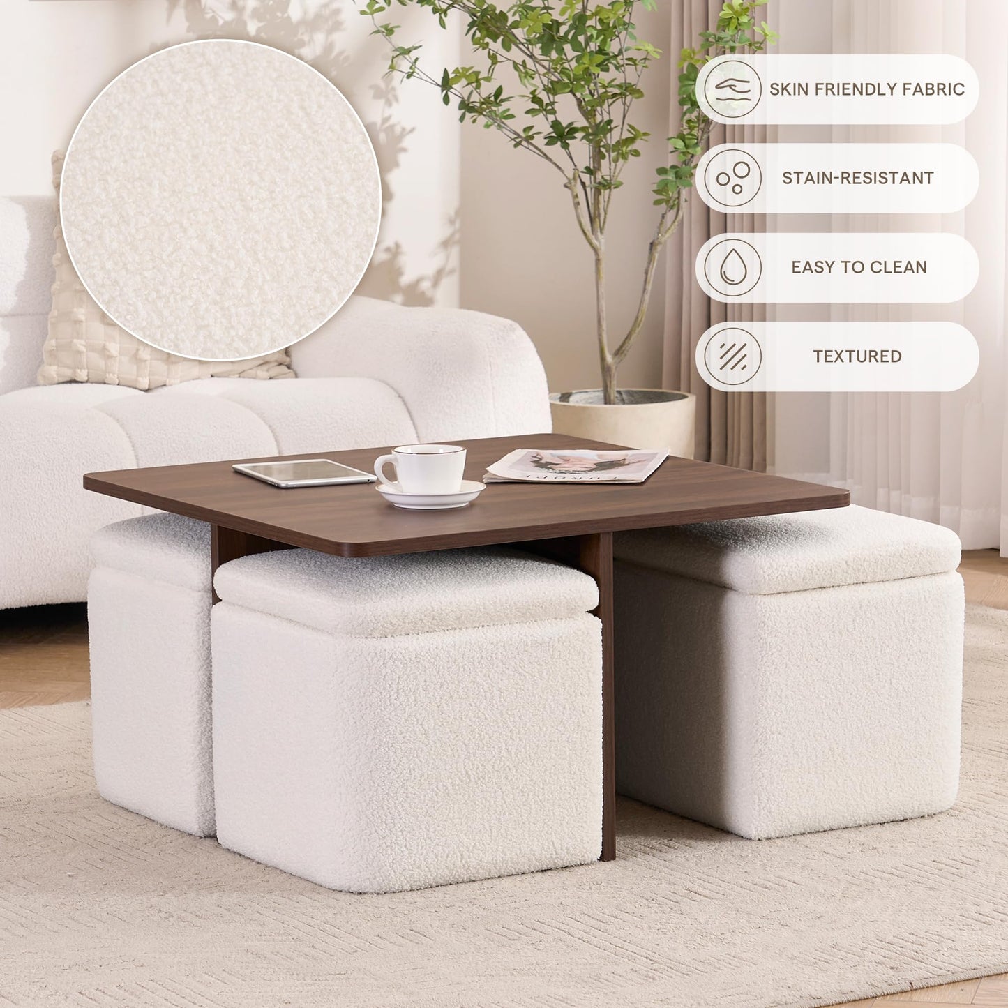 Square Coffee Table with 4 Storage Ottomans,Modern Ottoman Coffee Table with Stools Underneath,Nesting Coffee Tables with Hidden Storage for Bedroom,Living Room,Beige