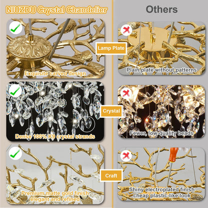 NIUZDU Chandeliers for Dining Room Over Table, 47" Modern Crystal Gold Tree Branche Chandelier, Large Chandelier Crystals for Living Room,High Ceiling,Foyer,Entryway,Kitchen Island,Staircase