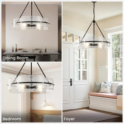 Modern Dining Room Chandelier 22” Black Textured Glass Chandelier Luxury Drum Crystal Light Fixture Farmhouse Round Hanging Lighting for Dining Room Kitchen Island Living Room Hallway Bedroom