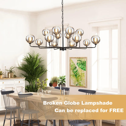Large Chandeliers for High Ceilings 47.2IN Large Dining Room Chandelier with Smoky Gray Glass Globe Modern Black Chandeliers for Dining Room Large Chandelier Light Fixture for Entryway Living Room