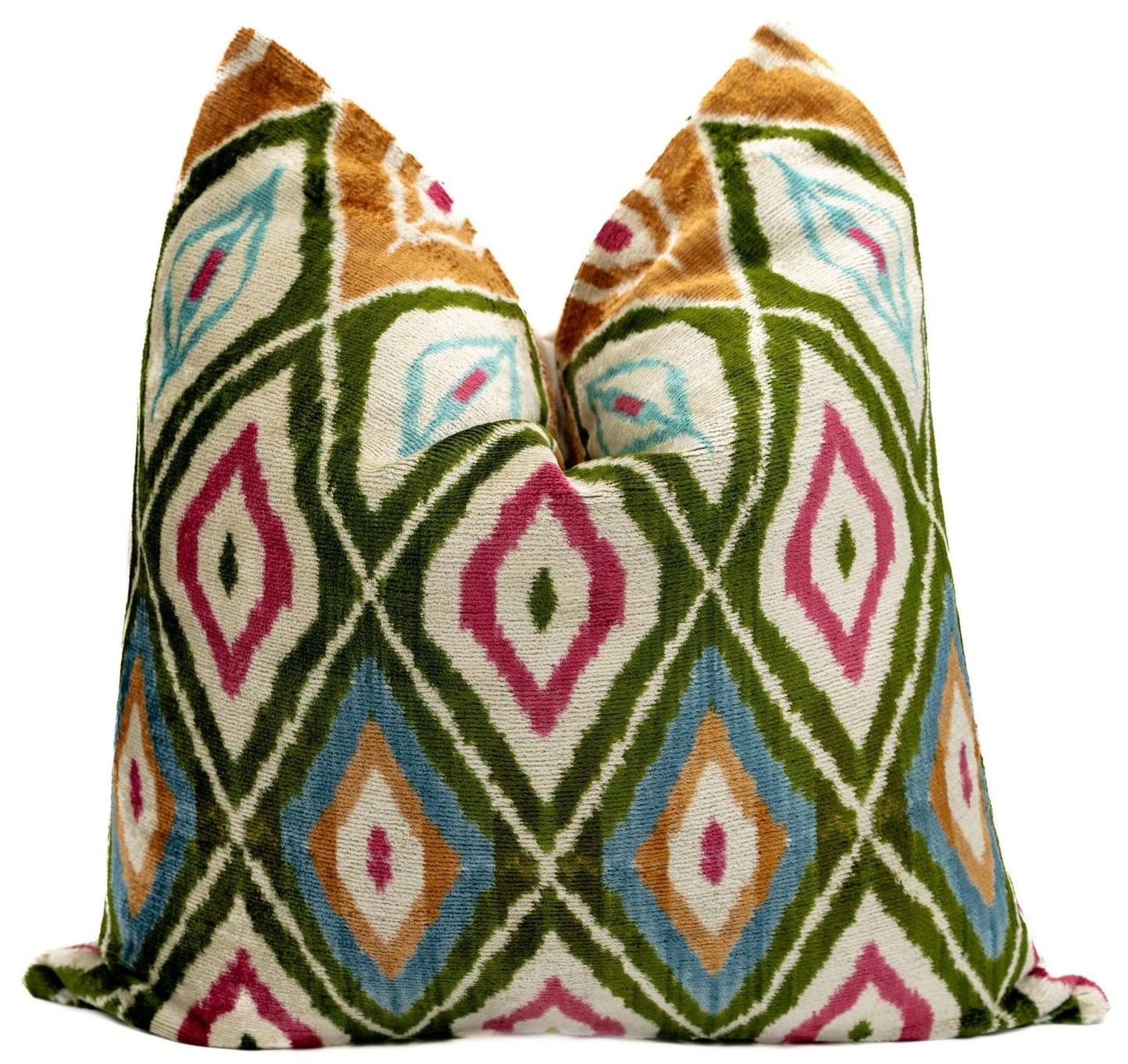 CANVELLO Handmade Multicolor Velvet Throw Pillow with Diamond Ikat Design – 20x20 Inch Decorative Accent with Premium Down Feather Insert