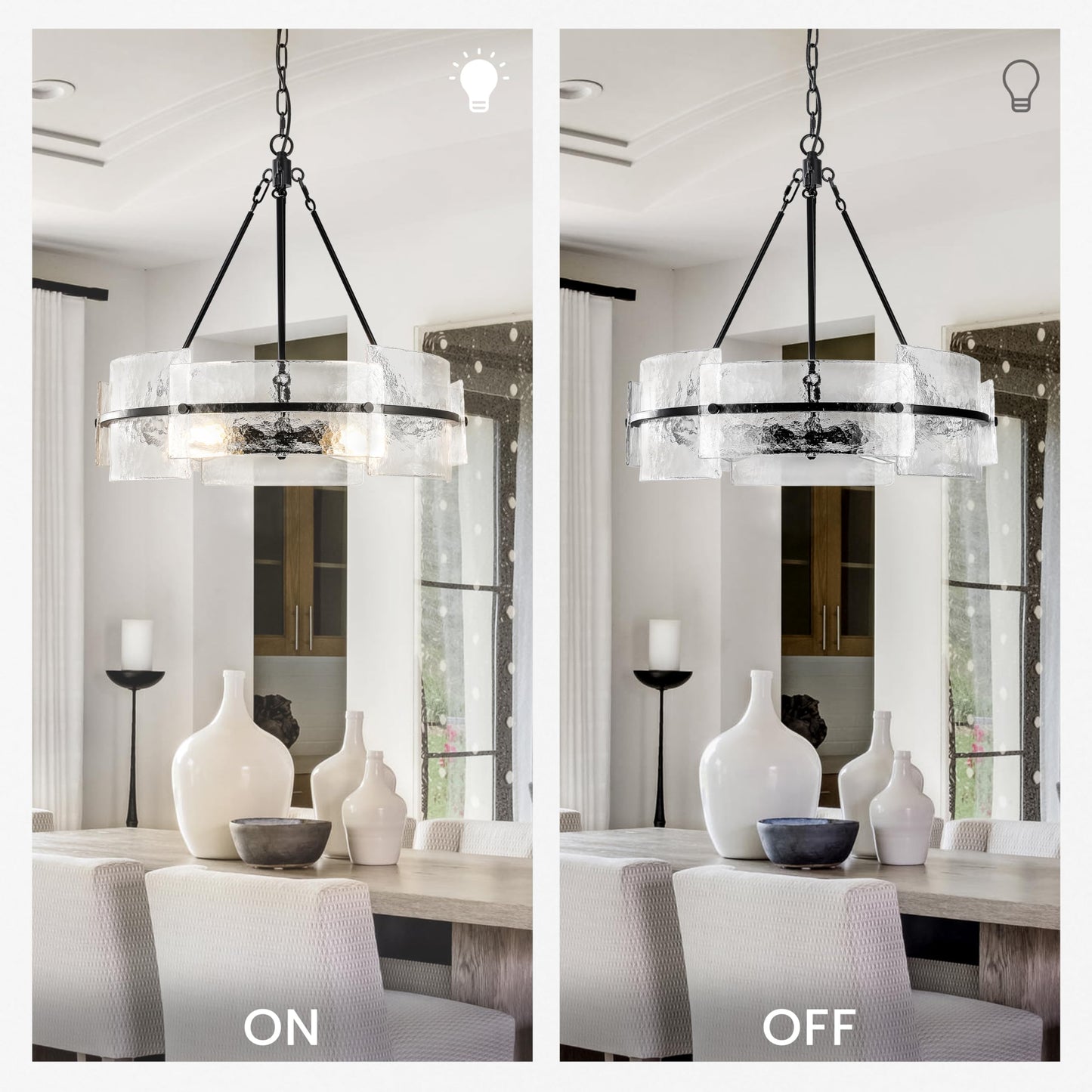 Modern Dining Room Chandelier 22” Black Textured Glass Chandelier Luxury Drum Crystal Light Fixture Farmhouse Round Hanging Lighting for Dining Room Kitchen Island Living Room Hallway Bedroom