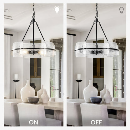Modern Dining Room Chandelier 22” Black Textured Glass Chandelier Luxury Drum Crystal Light Fixture Farmhouse Round Hanging Lighting for Dining Room Kitchen Island Living Room Hallway Bedroom