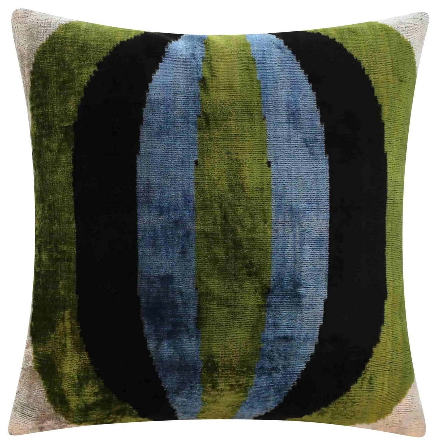 Canvello Handmade Silk Velvet Pillow - 16x16 Inch, Down Feather Filled, Organic Vegetable Dyed - Green & Blue Striped Pattern