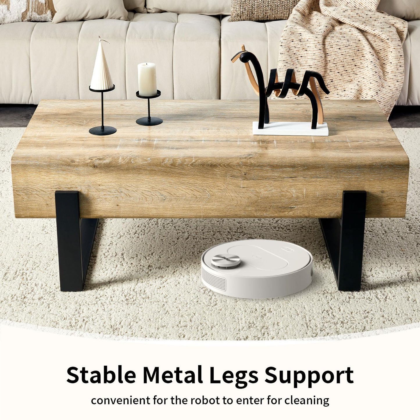 LKTART 47'' Solid Wood Coffee Table with Storage, Rustic Natural Wood Coffee Table for Living Room, Stable Metal Rectangular Tea Table Legs for Dining Room Apartment Small Space