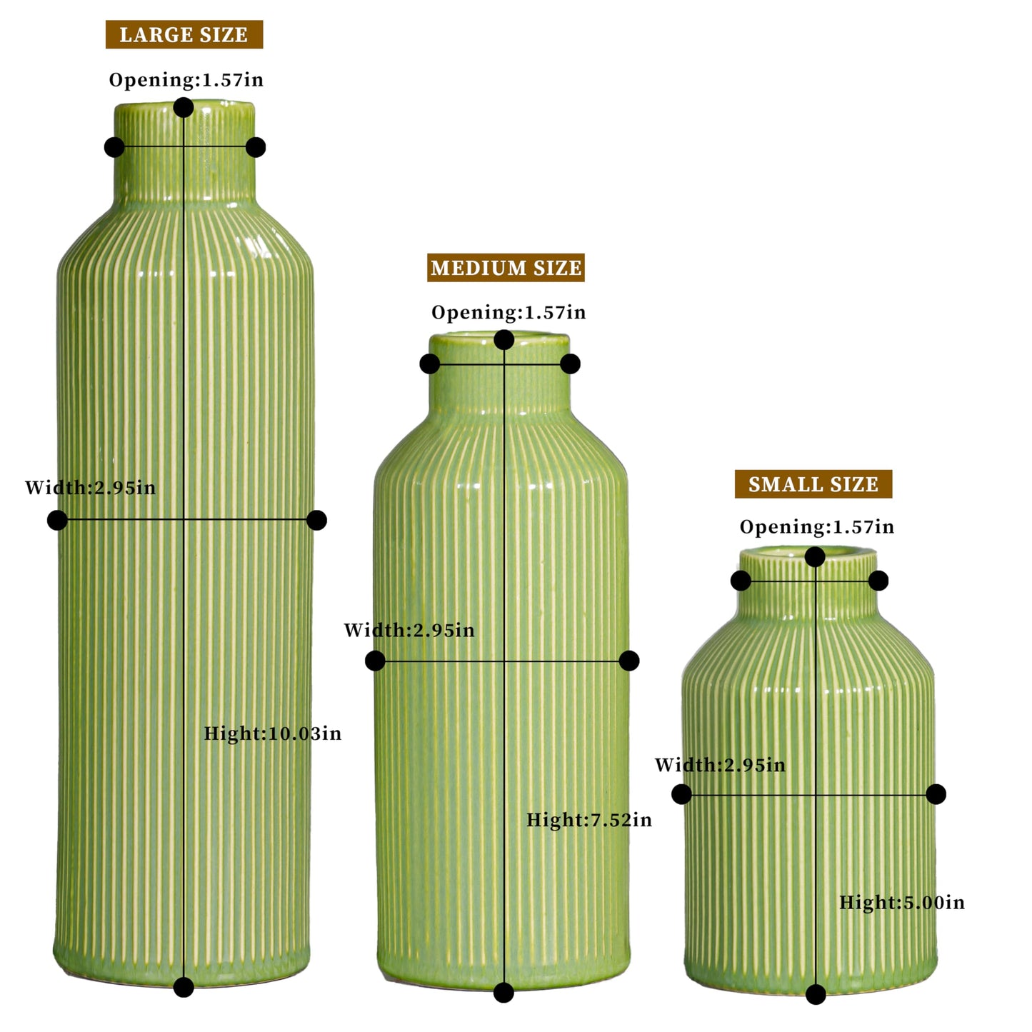 Ceramic Green Ribbed Textured Vases, Set of 3
