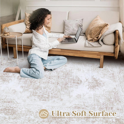 XLUEZ Area Rug 10x14 Living Room Rug, Machine Washable Vintage Distressed Medallion Rug Non-Slip Soft Low Pile Large Indoor Rugs for Bedroom Kitchen Dining Room Office(Beige,10'x14')