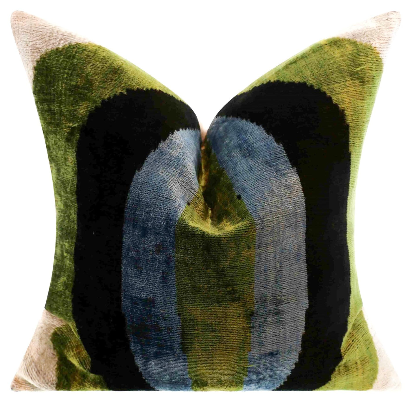 Canvello Handmade Silk Velvet Pillow - 16x16 Inch, Down Feather Filled, Organic Vegetable Dyed - Green & Blue Striped Pattern