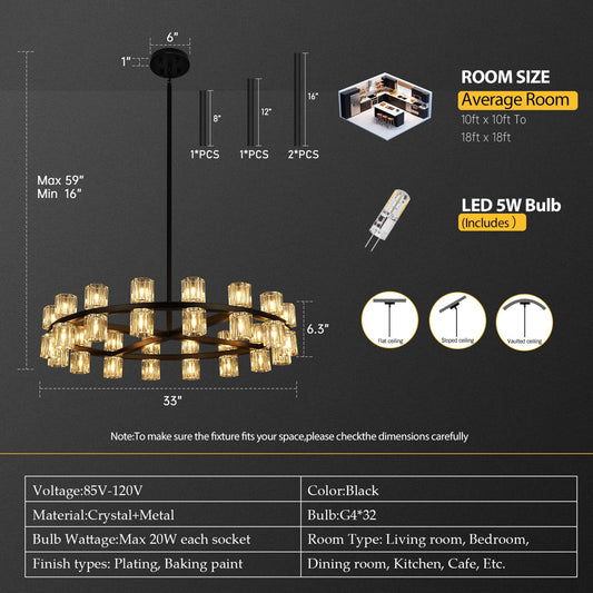 33" Metal and Crystal Glass Chandelier, 32-Lights