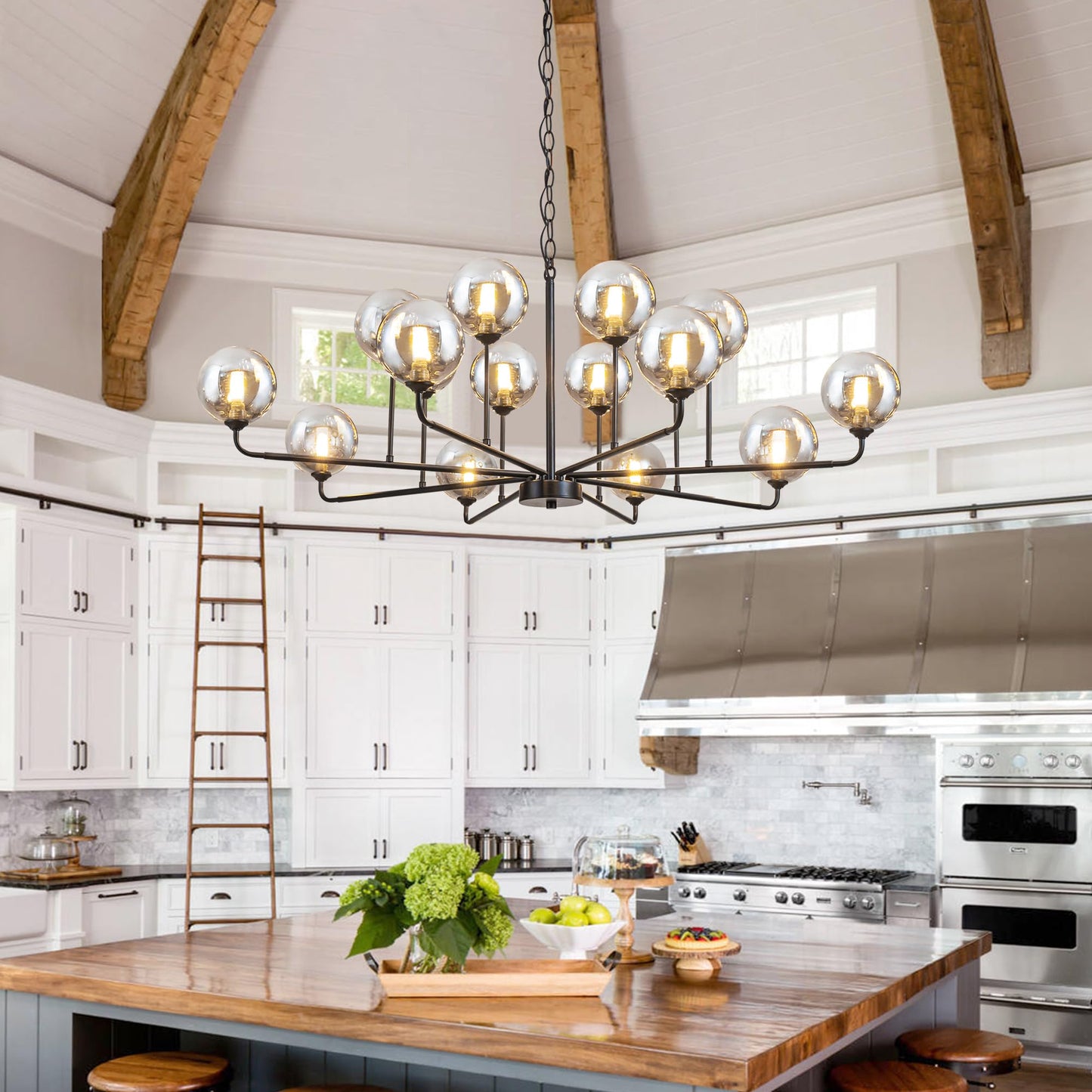 Large Chandeliers for High Ceilings 47.2IN Large Dining Room Chandelier with Smoky Gray Glass Globe Modern Black Chandeliers for Dining Room Large Chandelier Light Fixture for Entryway Living Room