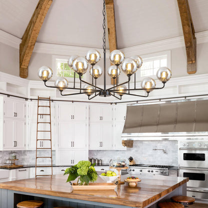 Large Chandeliers for High Ceilings 47.2IN Large Dining Room Chandelier with Smoky Gray Glass Globe Modern Black Chandeliers for Dining Room Large Chandelier Light Fixture for Entryway Living Room