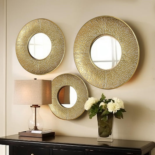 Round Gold Metal Framed Wall Mirrors, Set of 3