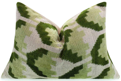 Canvello Handmade Velvet Lumbar Pillow Green and Cream Ikat Design with Premium Down Feather Insert (10"x15")