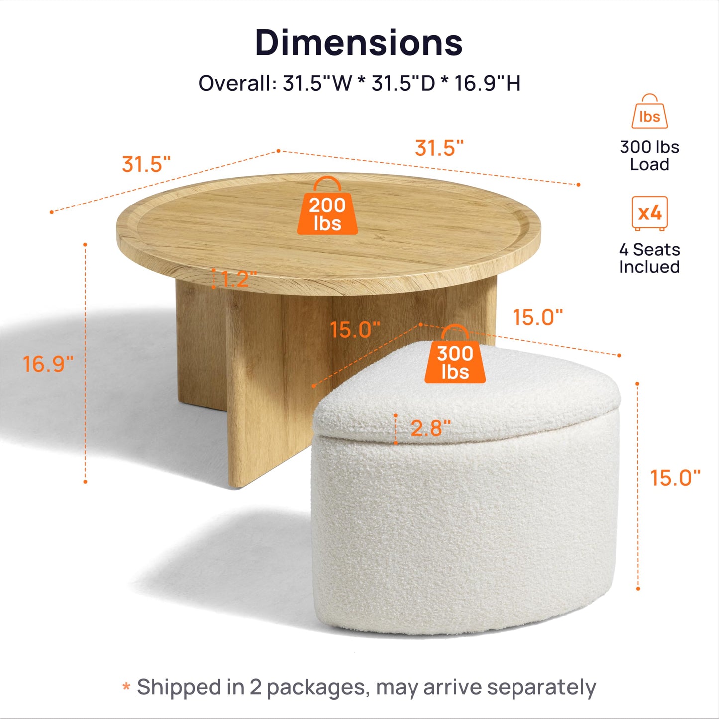 Wood Coffee Table with Storage Ottomans (4)