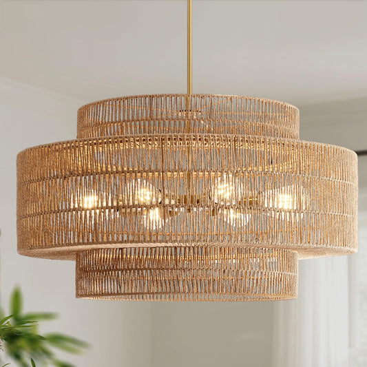InterMaka 30” Boho Rattan Chandelier Light Fixture, 8-Light Large Hand Woven Pendant Light Fixture Farmhouse Rustic Chandeliers for Dining Room, Kitchen, Bedroom, Living Room, Hallway, Foyer