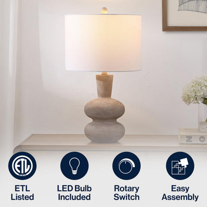 JONATHAN Y 24" Antique Brown Modern Minimalist Sculptural Oak-Grain Resin LED Table Lamp for Living Room Bedroom, White Linen Drum Shade, LED Bulb Included JYL5708A