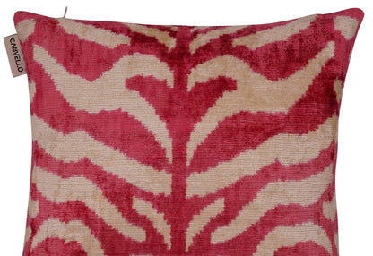 CANVELLO Luxury Velvet Throw Pillow - Handmade Decorative Cushion with Tiger Print Design - Pinkish Red & Beige, 16x16 Inch, Down Feather Insert, Soft & Plush, Boho Chic Accent Pillow for Sofa & Bed