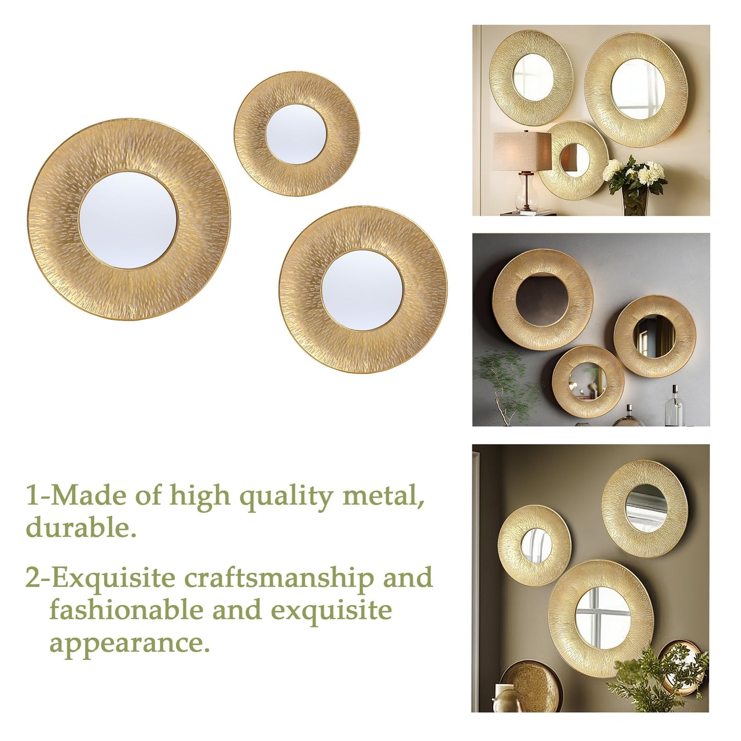 LuxenHome 3 Piece Gold Metal Round Wall Mirror Set Boho Wall Hanging Mounted Mirror,Rattan Mirror Suitable for Farmhouse, Living Room, Bedroom and Bathroom
