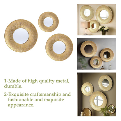 LuxenHome 3 Piece Gold Metal Round Wall Mirror Set Boho Wall Hanging Mounted Mirror,Rattan Mirror Suitable for Farmhouse, Living Room, Bedroom and Bathroom