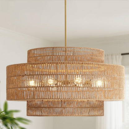 InterMaka 30” Boho Rattan Chandelier Light Fixture, 8-Light Large Hand Woven Pendant Light Fixture Farmhouse Rustic Chandeliers for Dining Room, Kitchen, Bedroom, Living Room, Hallway, Foyer