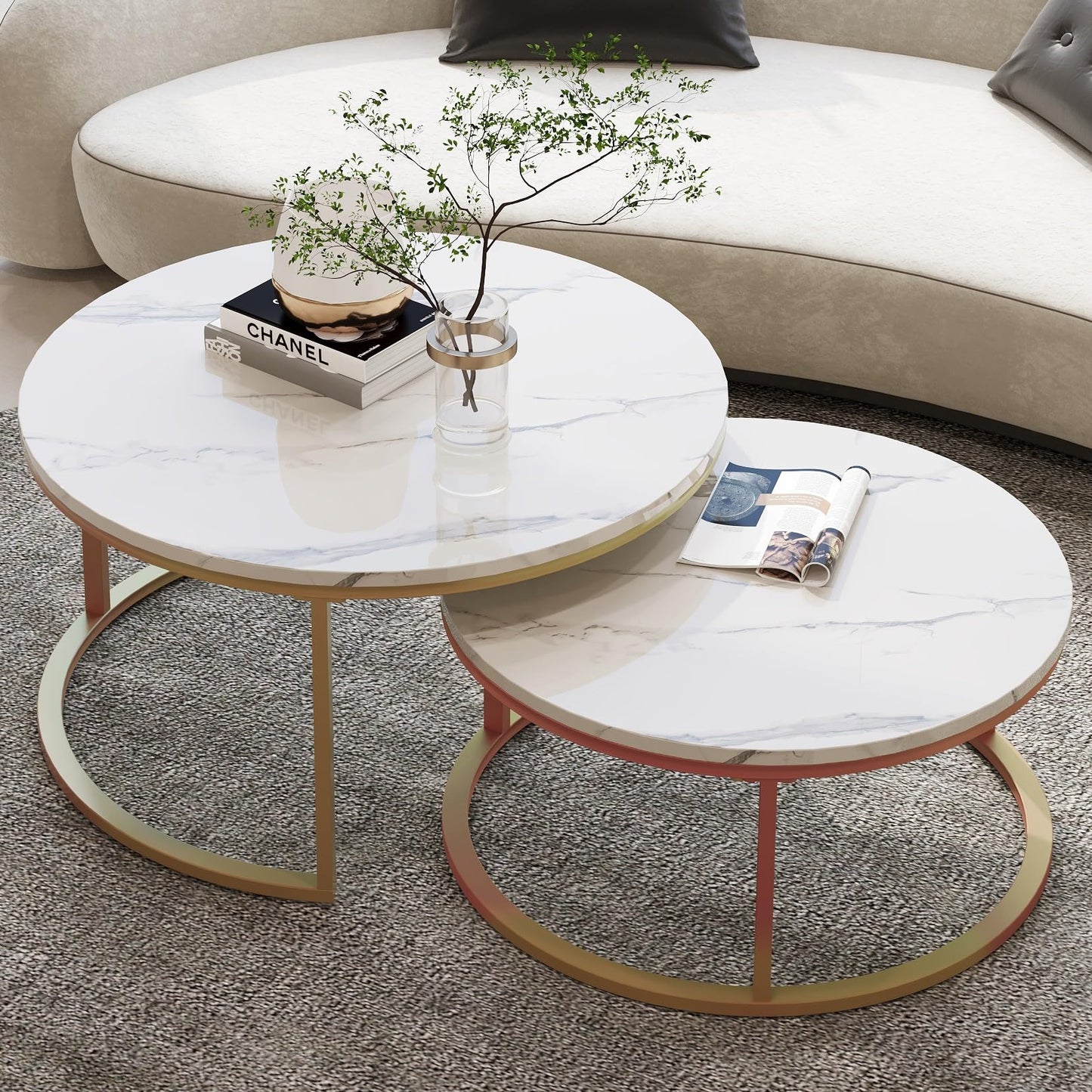 Round Marble Top Nesting Coffee Tables, Set of 2