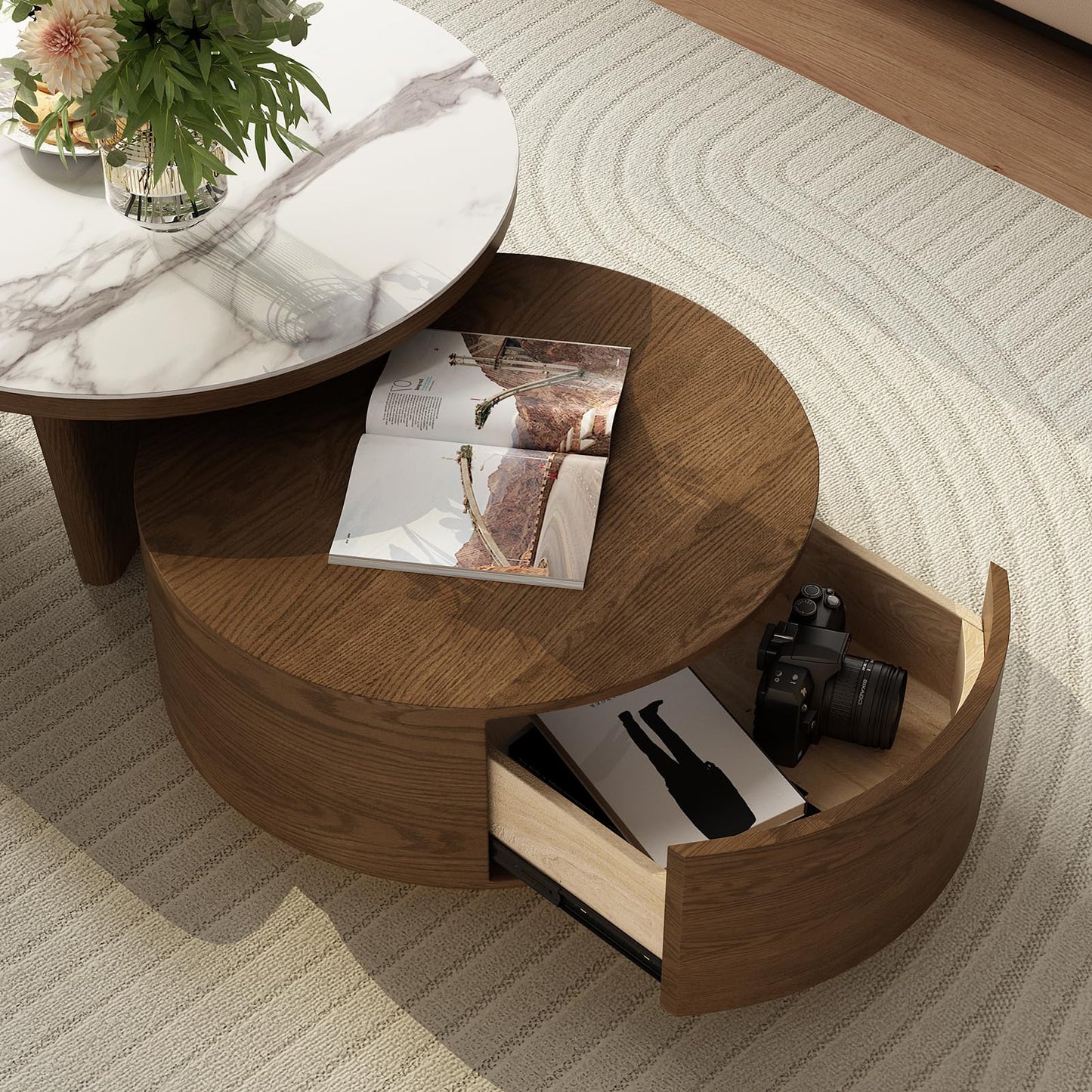 Walnut & Marble Coffee Table with Storage & Ottomans (2)