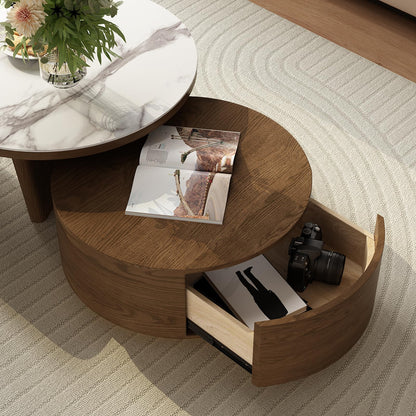 Walnut & Marble Coffee Table with Storage & Ottomans (2)