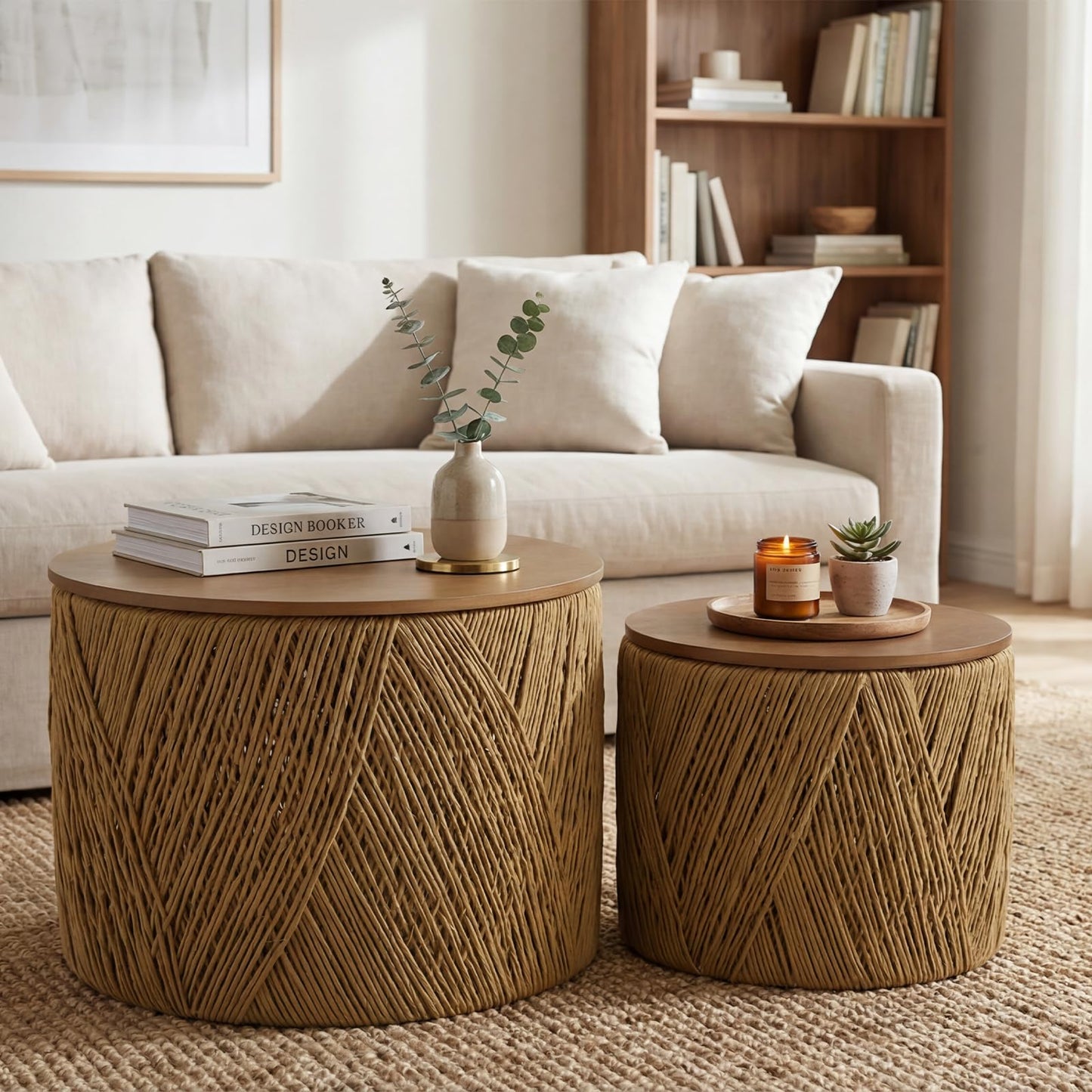 chairus Farmhouse Storage Round Coffee Table Boho Nesting Table with Lifting Top Hand-Woven Rattan Nesting Coffee Tables for Living Room, Walnut