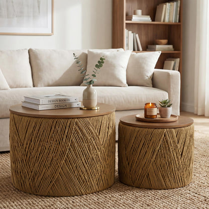 chairus Farmhouse Storage Round Coffee Table Boho Nesting Table with Lifting Top Hand-Woven Rattan Nesting Coffee Tables for Living Room, Walnut