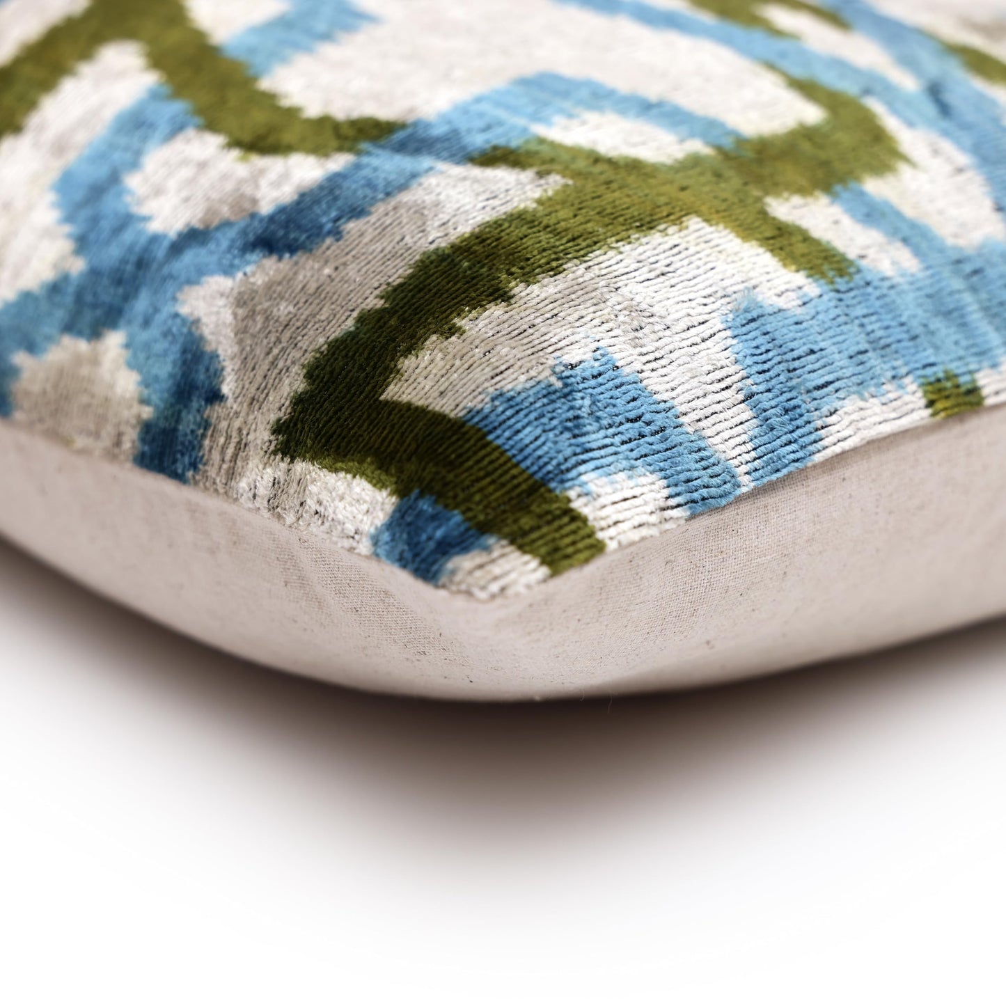CANVELLO Handmade Velvet Ikat Lumbar Pillow 16x24 | Sky Blue & Olive Trellis