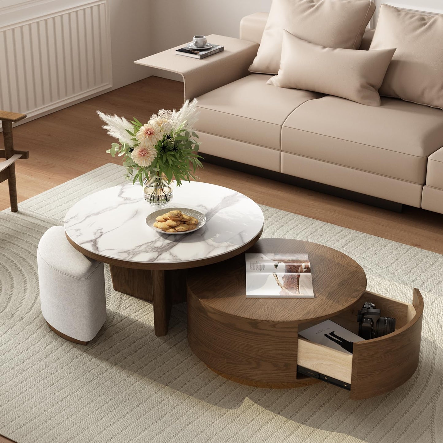 Walnut & Marble Coffee Table with Storage & Ottomans (2)