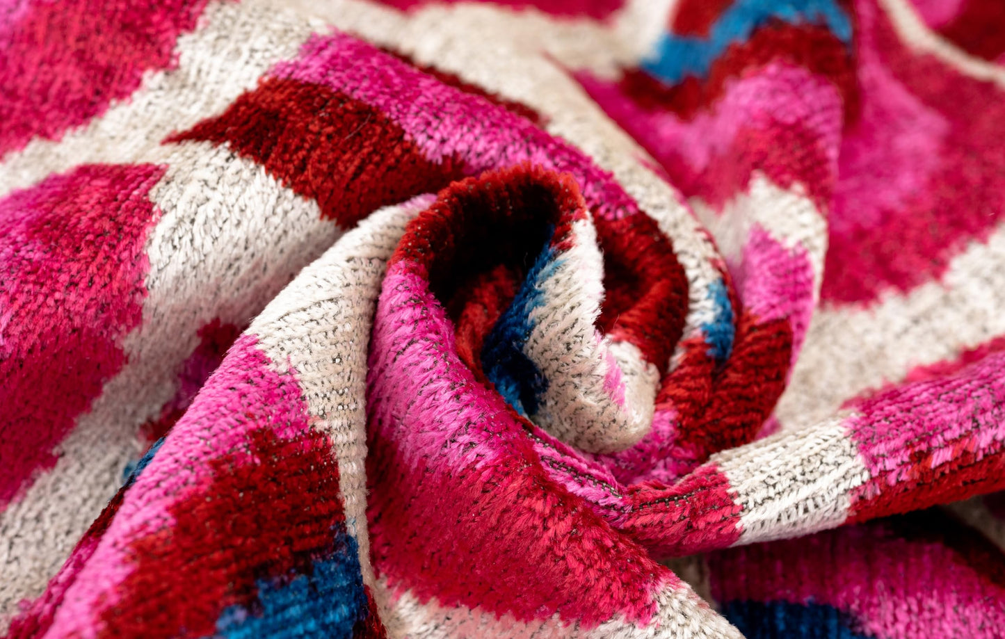 CANVELLO Handmade Velvet Throw Pillow with Down Feather Insert - 16x24 Inches, Geometric Swirl Pattern in Vibrant Pink, Red, and Blue, Soft Decorative Cushion