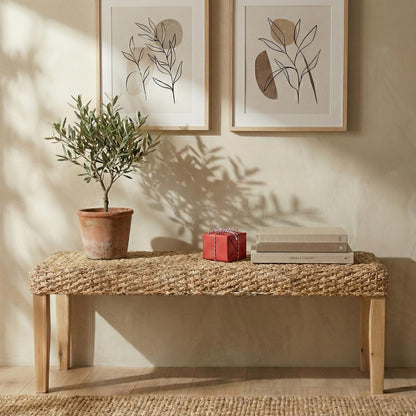 Indoor Bench Wicker for Entryway Bench, Wood Bench for Living Room Dining Bench or End of Bed Bench, 47" Boho Bench with Solid Wood Acacia & Natural Woven Seat, Rustic Farmhouse Rattan Hallway Bench