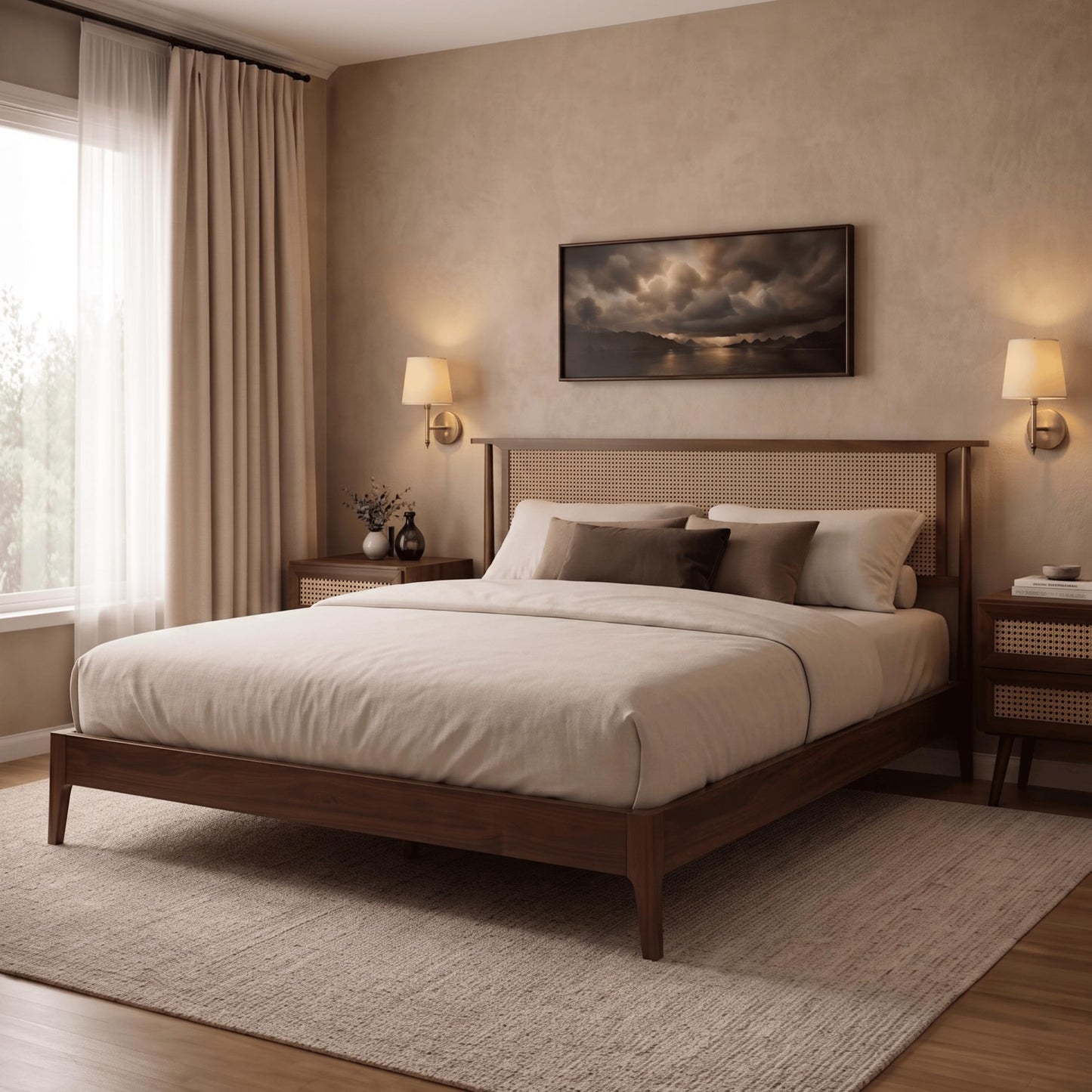 Wood Frame Bed with Natural Can Headboard