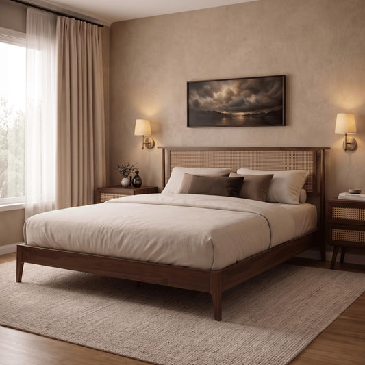 Wood Frame Bed with Natural Can Headboard