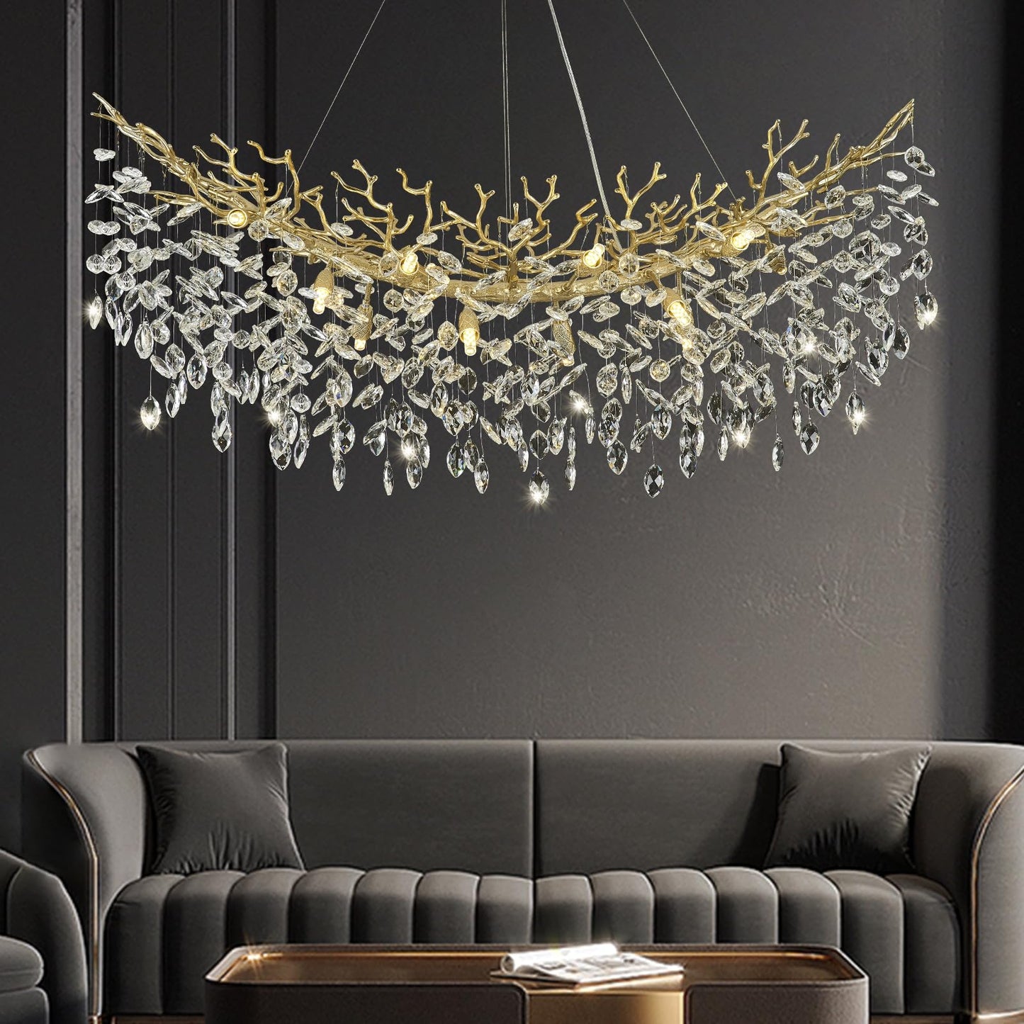 NIUZDU Chandeliers for Dining Room Over Table, 47" Modern Crystal Gold Tree Branche Chandelier, Large Chandelier Crystals for Living Room,High Ceiling,Foyer,Entryway,Kitchen Island,Staircase