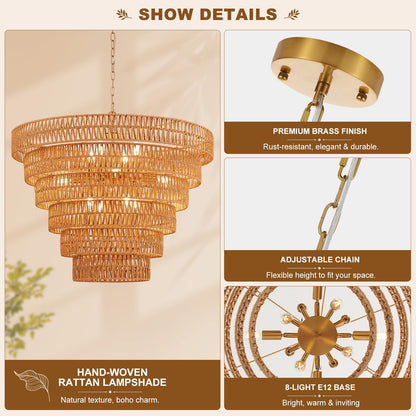 Widluth 31.5" Large Gold Rattan Chandelier, 12-Light Hand-Woven 6-Tier