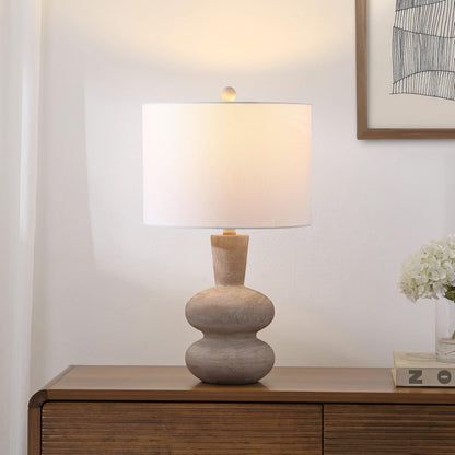 JONATHAN Y 24" Antique Brown Modern Minimalist Sculptural Oak-Grain Resin LED Table Lamp for Living Room Bedroom, White Linen Drum Shade, LED Bulb Included JYL5708A