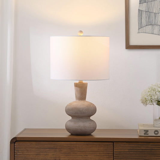 JONATHAN Y 24" Antique Brown Modern Minimalist Sculptural Oak-Grain Resin LED Table Lamp for Living Room Bedroom, White Linen Drum Shade, LED Bulb Included JYL5708A