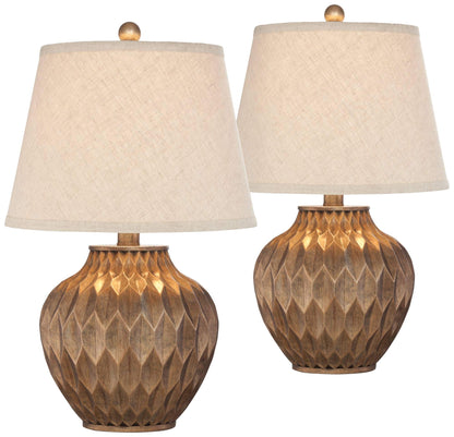 360 Lighting Buckhead Traditional Style Small Accent Table Lamps 22" High Set of 2 Warm Bronze Geometric Urn Tapered Drum Shade for Living Room Bedroom House Bedside Nightstand Home Office