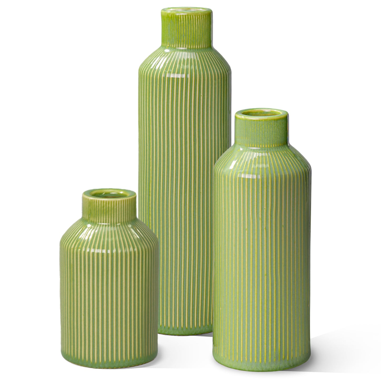 Ceramic Green Ribbed Textured Vases, Set of 3