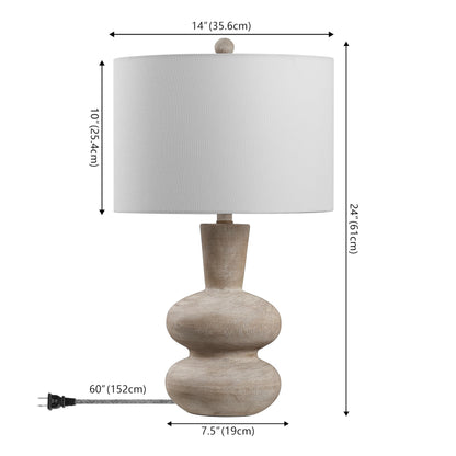 JONATHAN Y 24" Antique Brown Modern Minimalist Sculptural Oak-Grain Resin LED Table Lamp for Living Room Bedroom, White Linen Drum Shade, LED Bulb Included JYL5708A