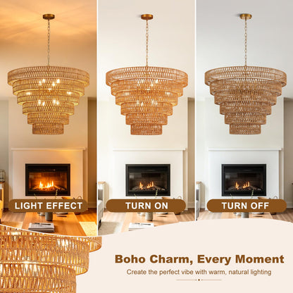 Widluth 31.5" Large Gold Rattan Chandelier, 12-Light Hand-Woven 6-Tier