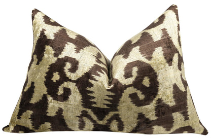 CANVELLO Handmade Velvet Pillow with Insert – Olive & Brown Ikat Pattern, 16x24