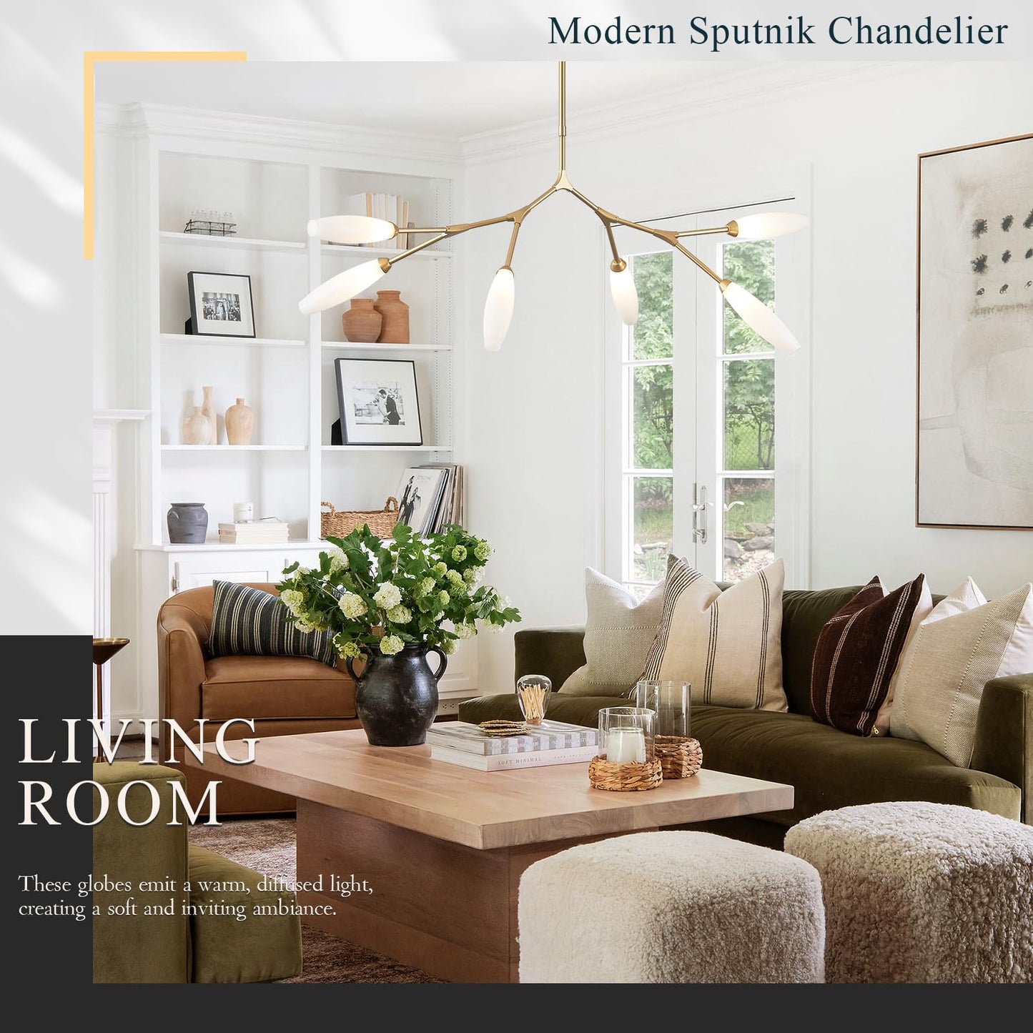 Sparklelf Modern 6-Light Chandelier Elegance Sputnik Chandeliers for Dining Room L50’’ Large Glass Chandelier Adjustable Branch Pendant Light Fixture for Living Room Kitchen Bedroom