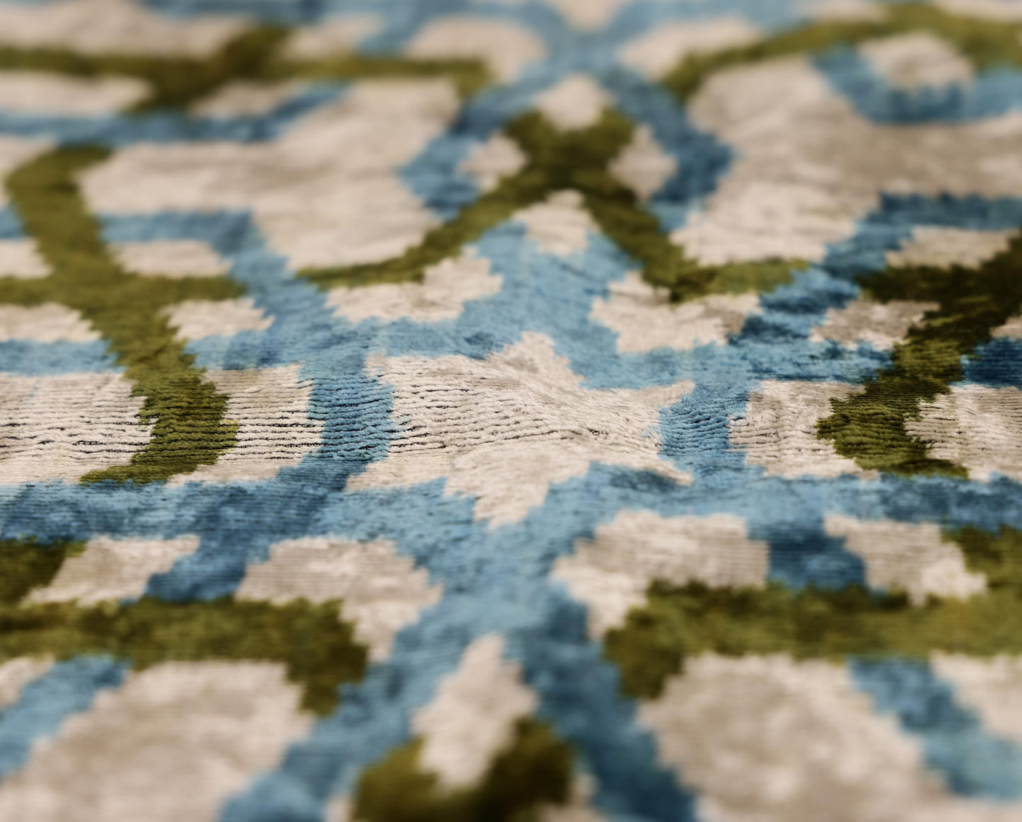 CANVELLO Handmade Velvet Ikat Lumbar Pillow 16x24 | Sky Blue & Olive Trellis