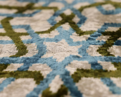 CANVELLO Handmade Velvet Ikat Lumbar Pillow 16x24 | Sky Blue & Olive Trellis